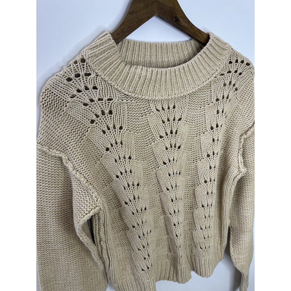 Free People Cropped Pullover Sweater Bell Song Crew Neck Open Knit Tan Small - Picture 4 of 15